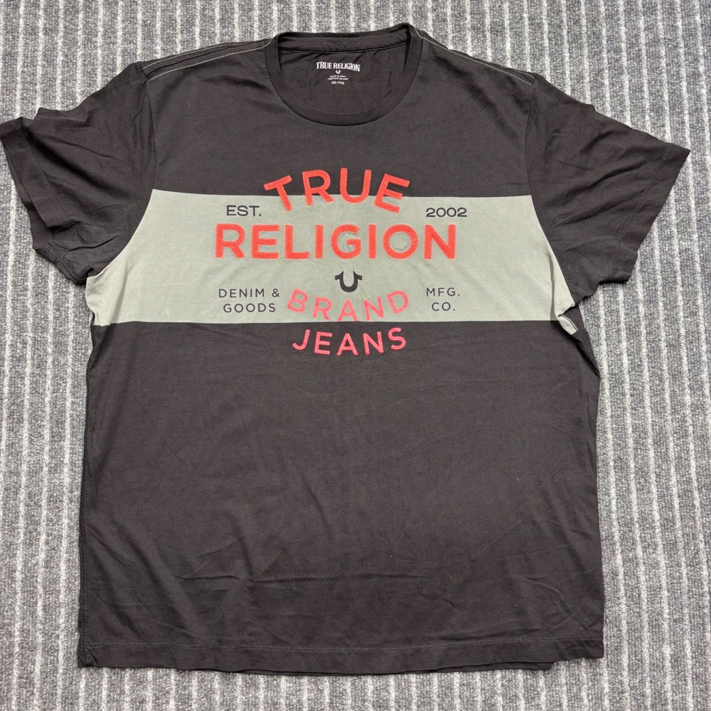 True Religion Mens Graphic T-Shirt 3XL Black Grey Red Logo Crew Neck Tee